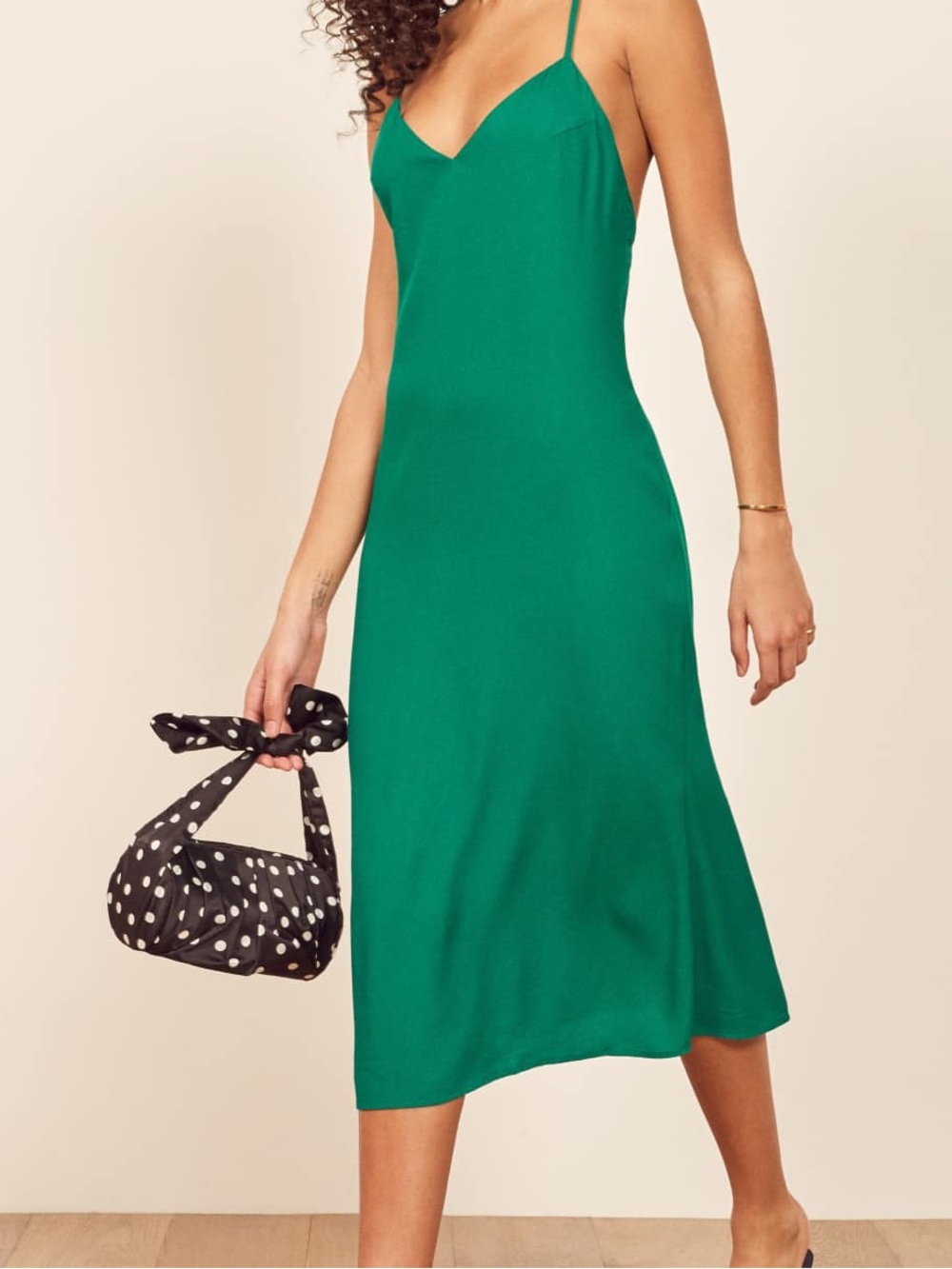 Reformation Kat Emerald Green Slip Midi Dress with cross back Spaghetti Straps